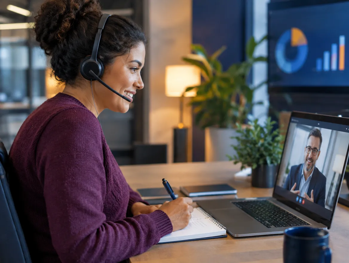 Retail support agent in a headset on a video call