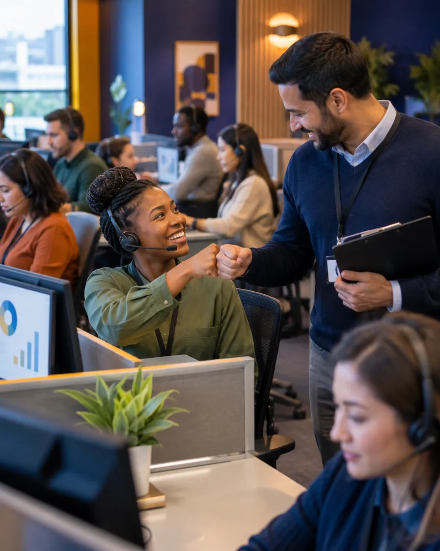 Supervisor chatting with retail support agents at their desks