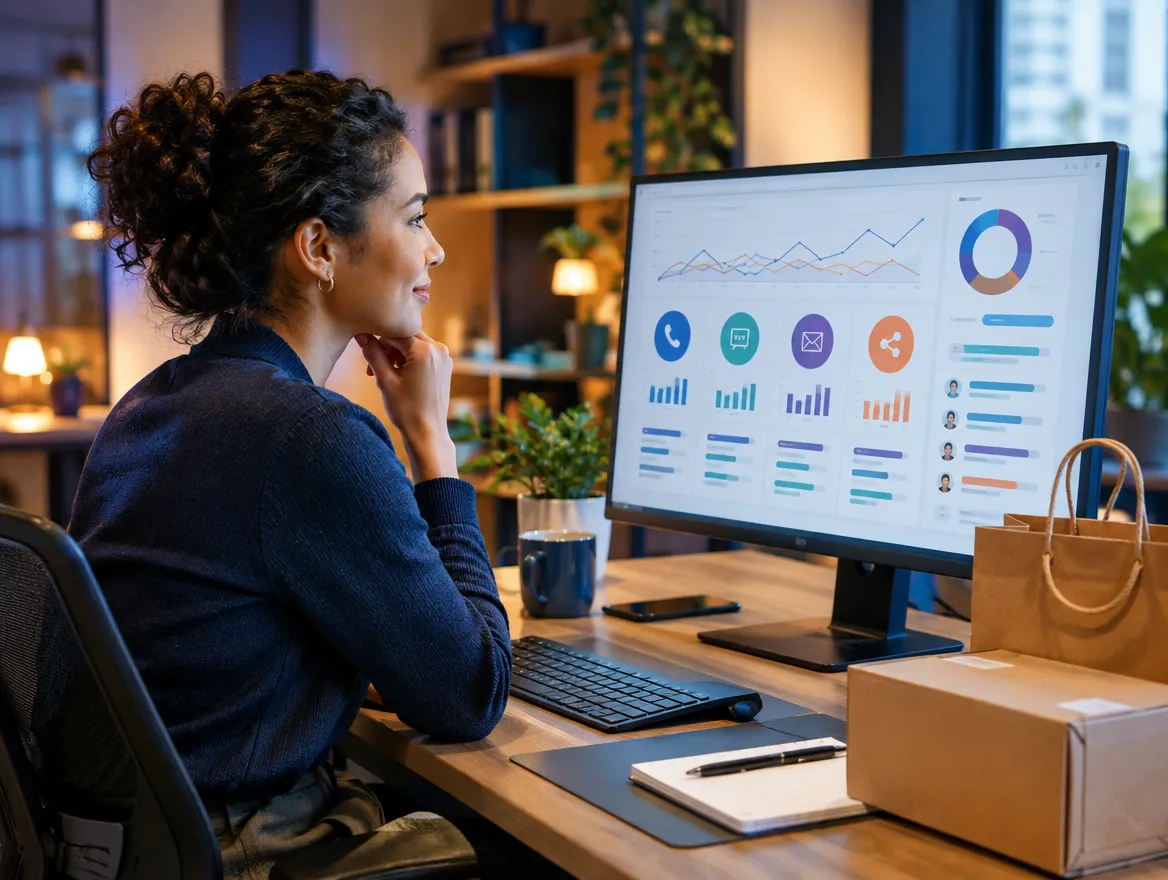 Analyst reviewing retail order dashboards next to shopping bags