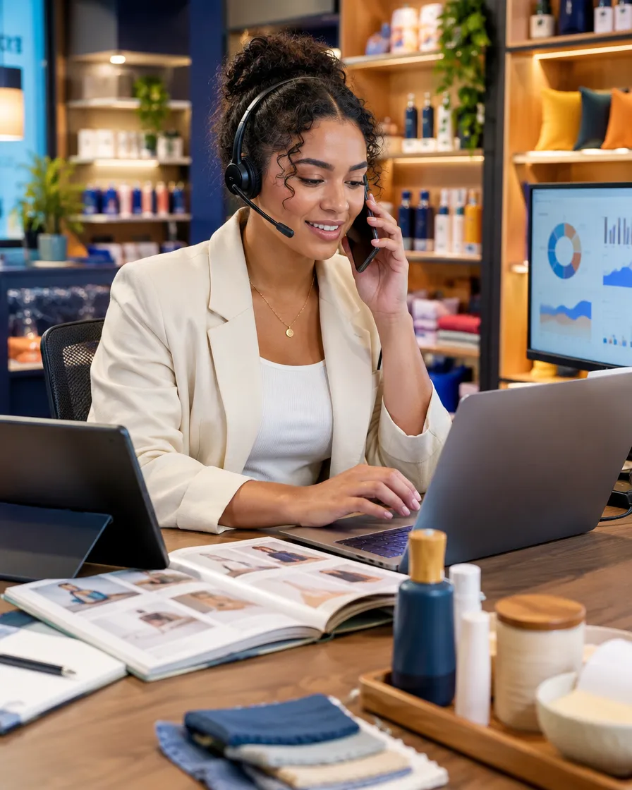 Retail support agent in a headset on a call at her laptop