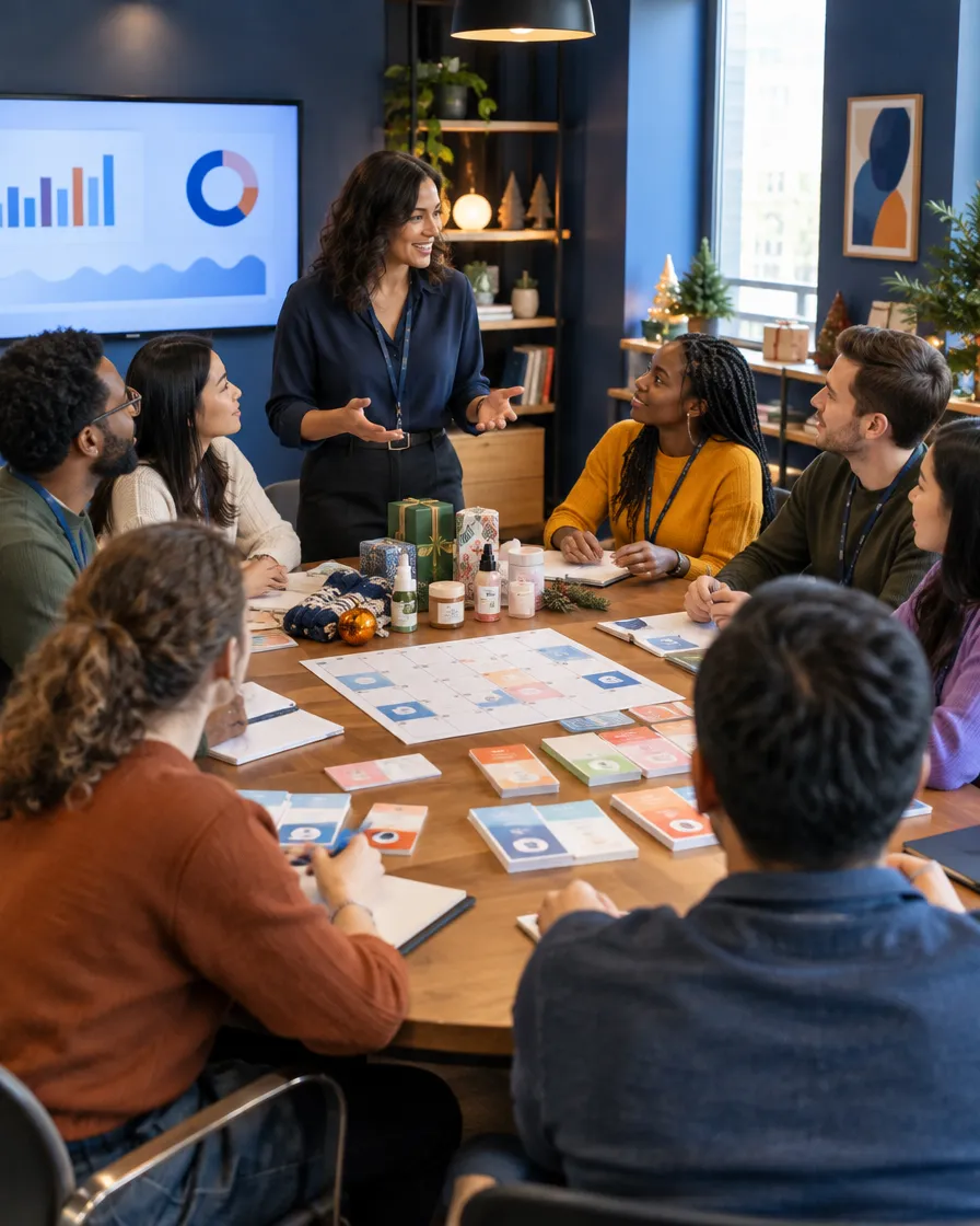 Retail team reviewing product samples around a table