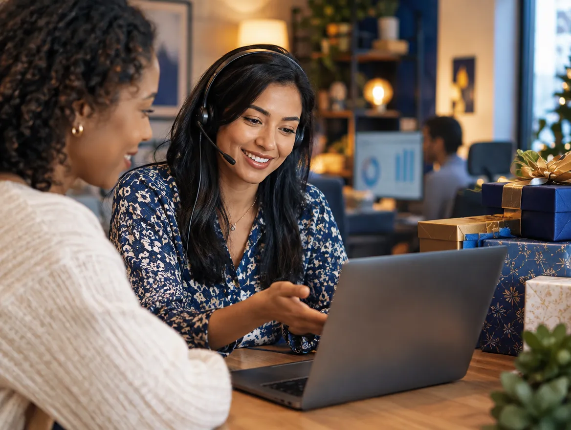 Two retail support agents working together on a laptop