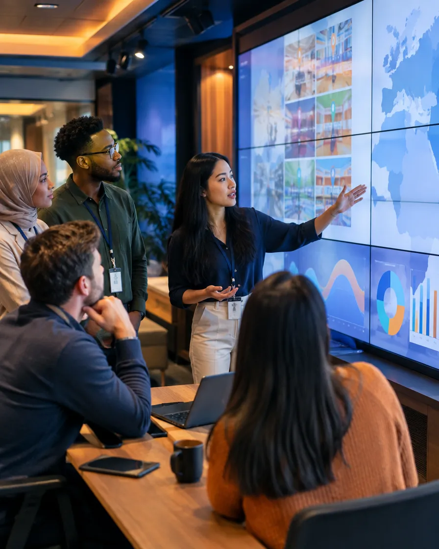 Retail team reviewing data on a large screen