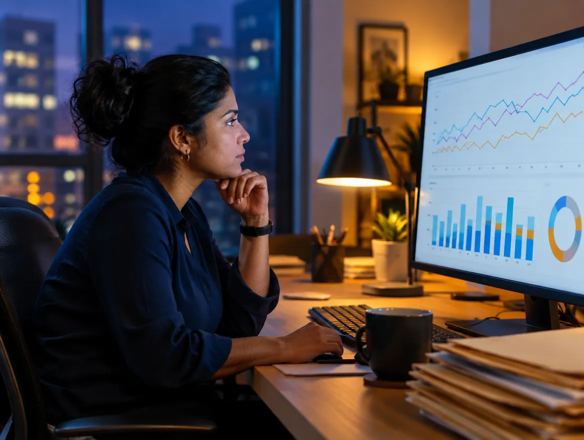 Analyst reviewing revenue cycle charts on a monitor at night