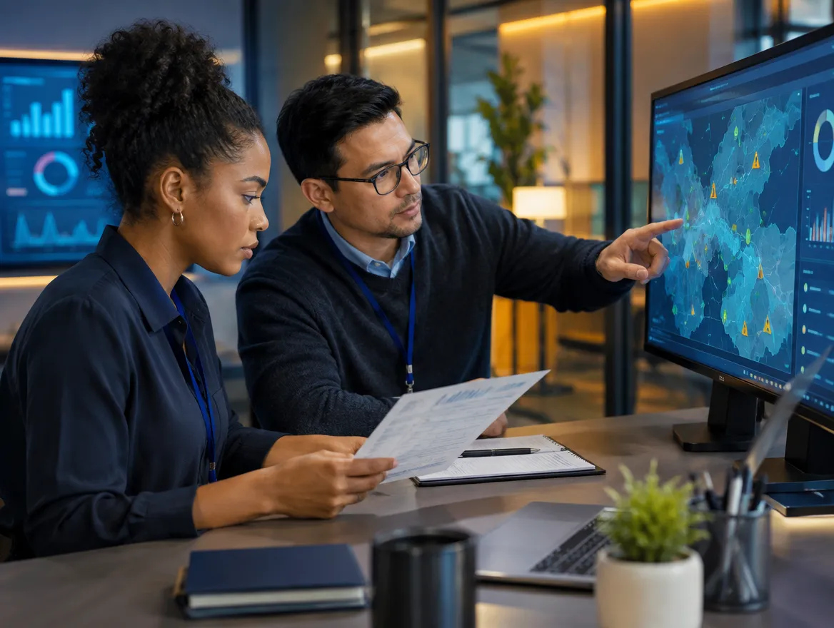 Two analysts reviewing risk maps on a monitor