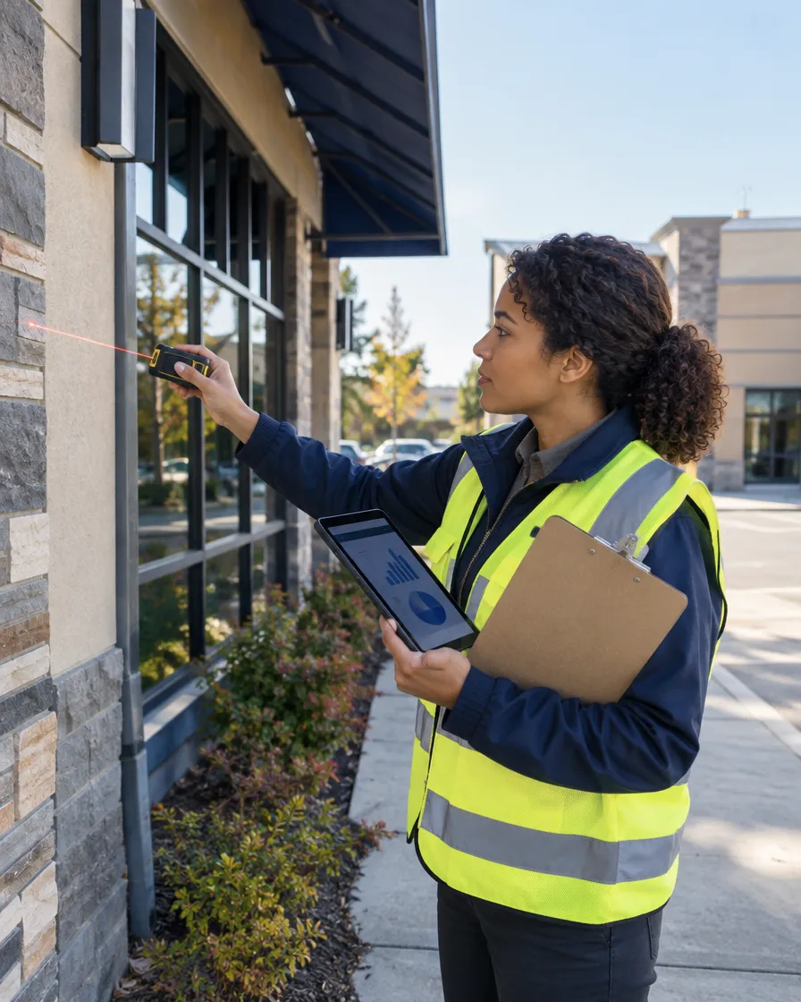Field inspector with a tablet surveying a building exterior