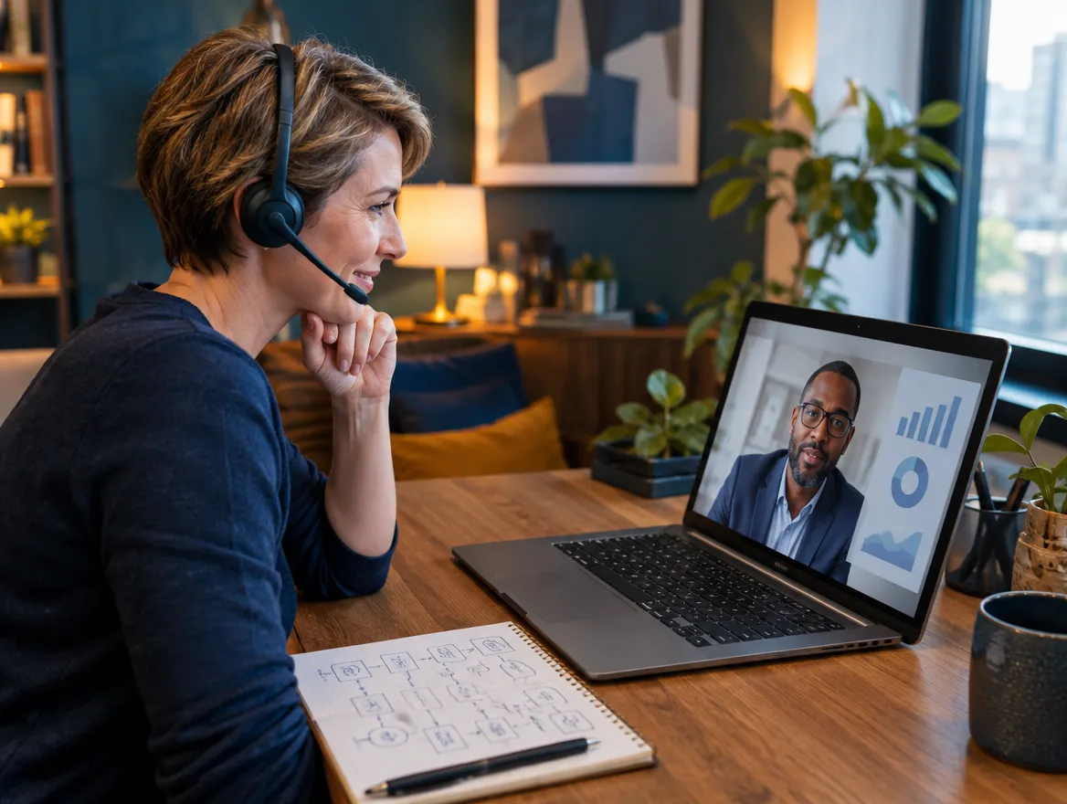 Risk data specialist in a headset on a video call