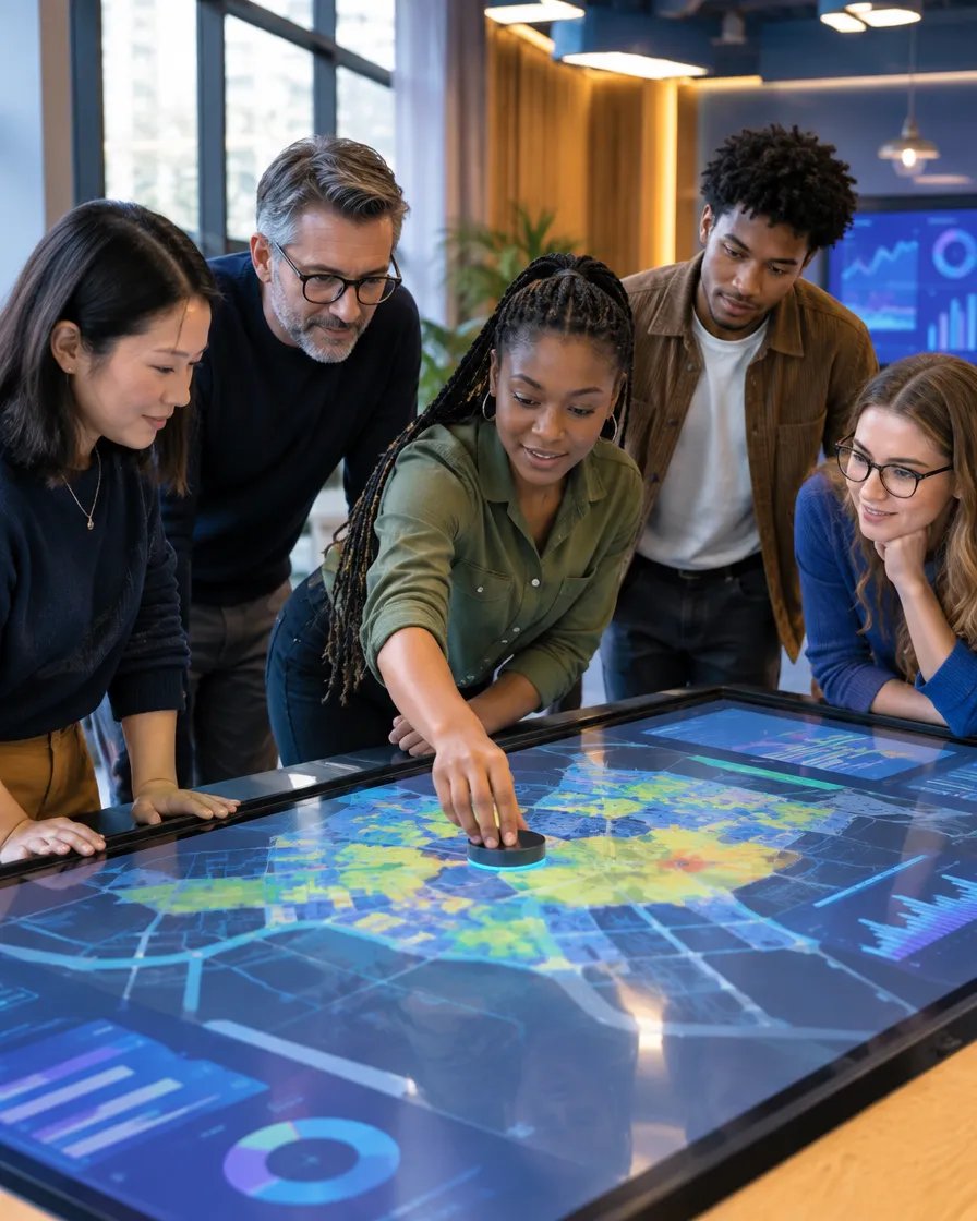 Risk data team studying a map on an interactive table
