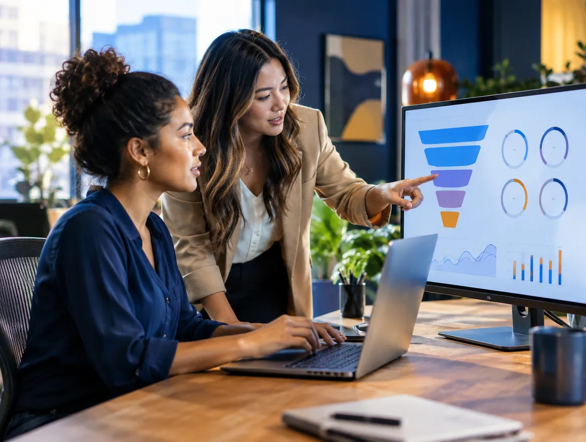 Two underwriters reviewing a sales funnel on a monitor