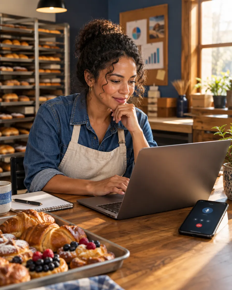 Bakery owner reviewing an insurance quote on her laptop