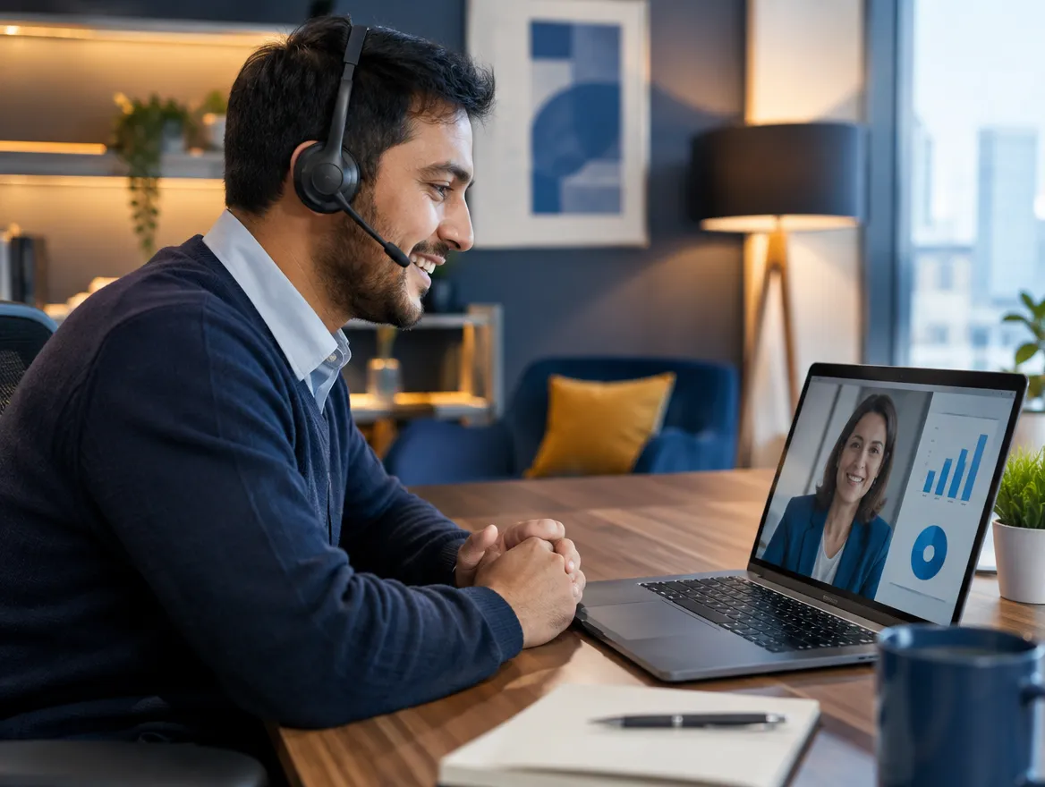 Insurance sales agent in a headset on a video call