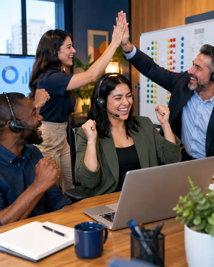 Sales and underwriting team celebrating with a high-five