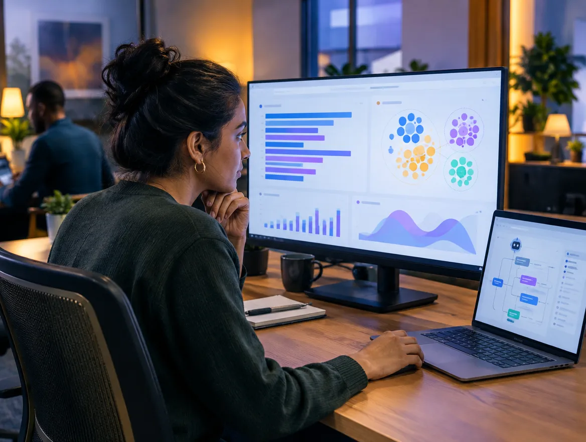 Analyst reviewing software usage dashboards on a monitor