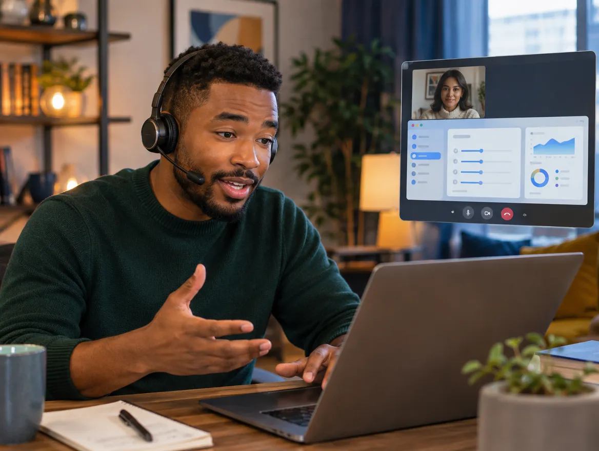 Software support agent in a headset on a video call