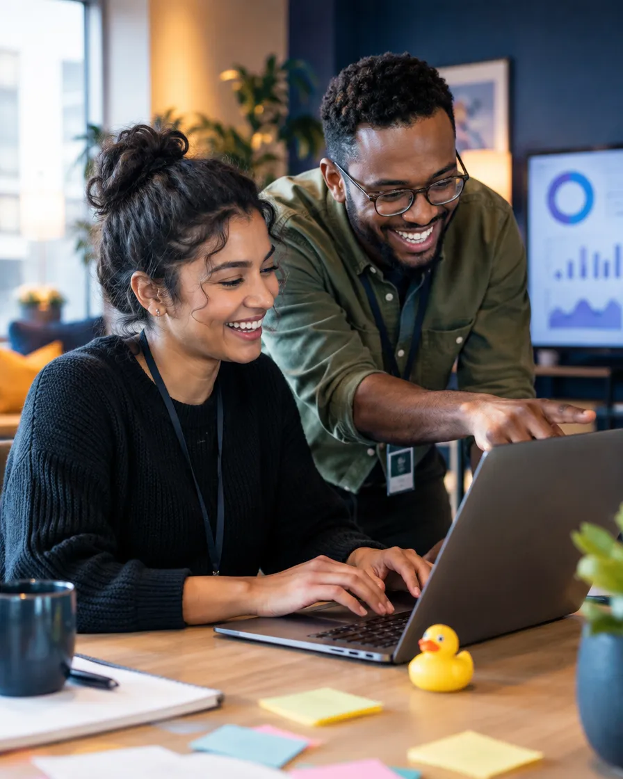Two software support agents working together on a laptop