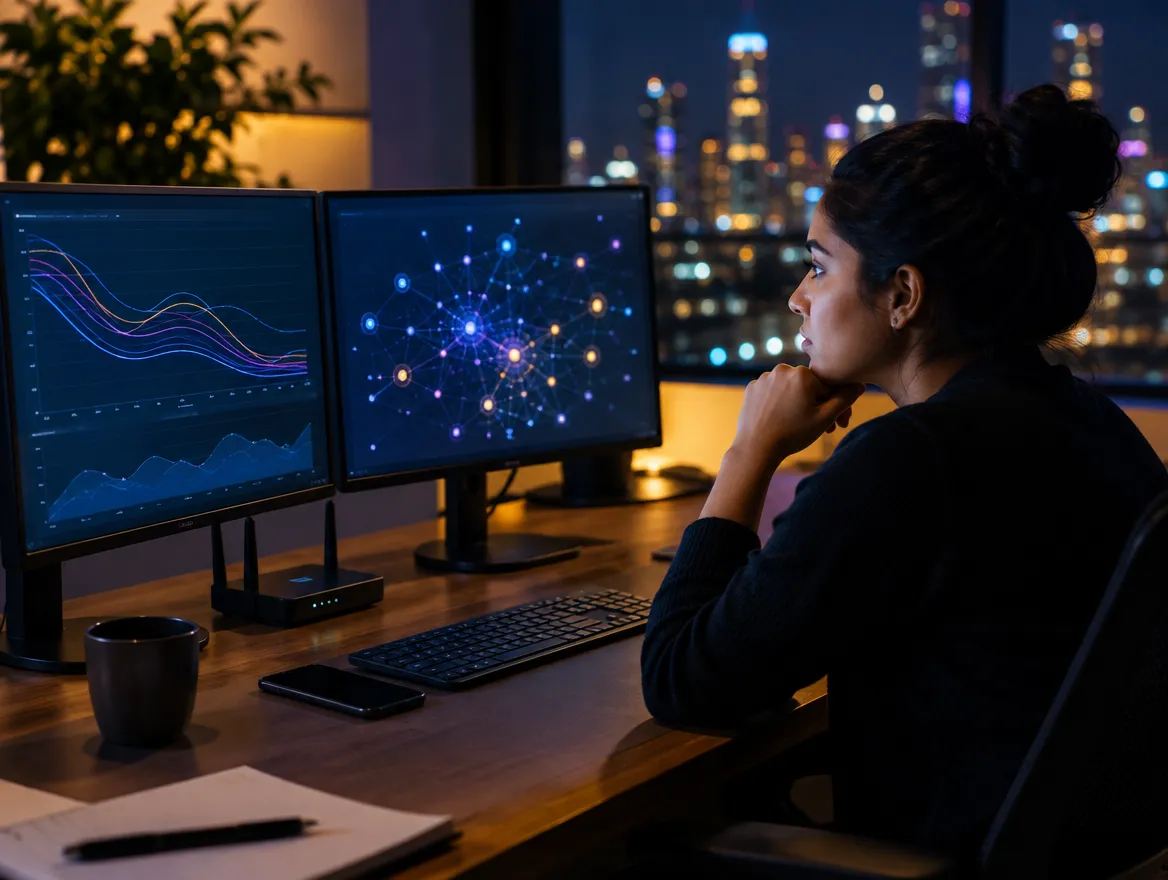 Analyst monitoring network data on monitors at night