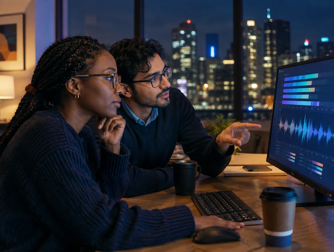 Two telecom analysts reviewing network data at night