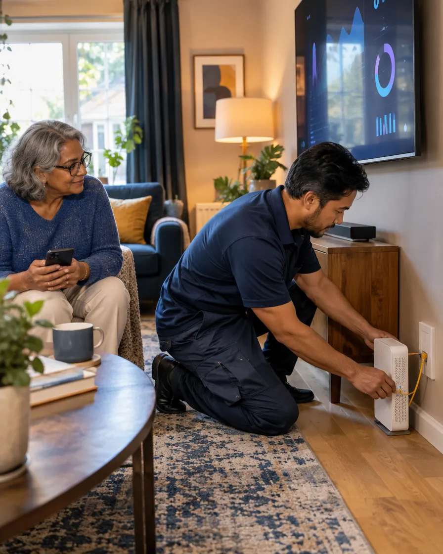 Technician setting up a home internet router for a customer