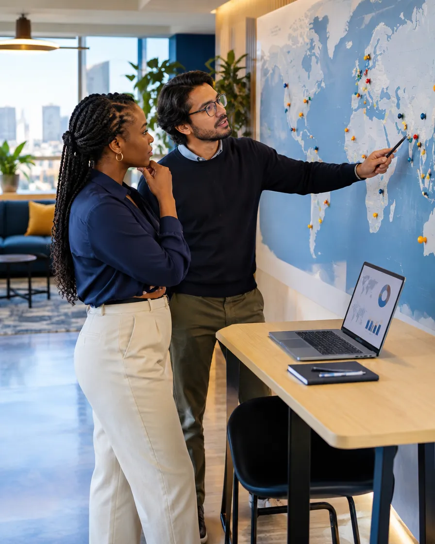 Telecom team reviewing a coverage map on the wall