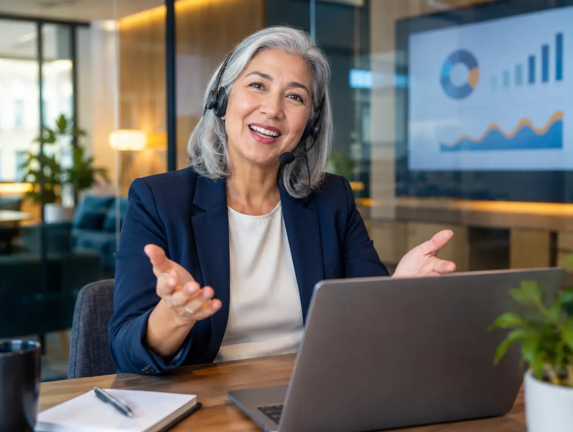 Smiling telecom support agent in a headset on a call