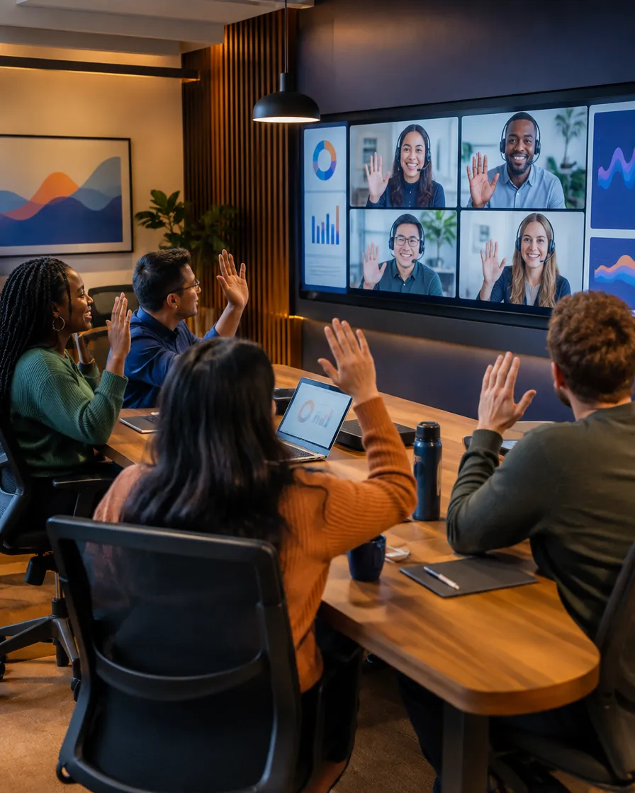 Telecom team on a video conference in a meeting room