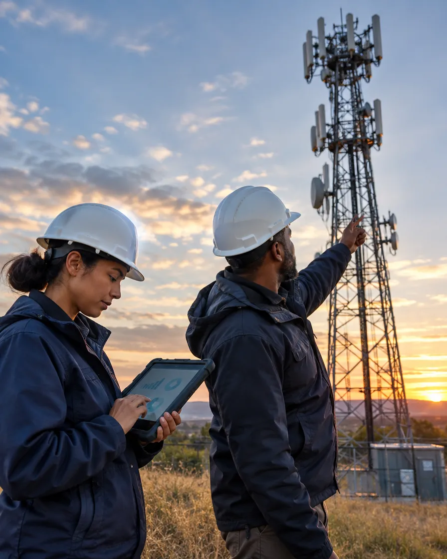 Two telecom engineers with a tablet inspecting a cell tower at sunset