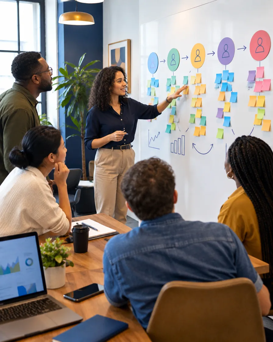 Telecom team planning at a colorful board