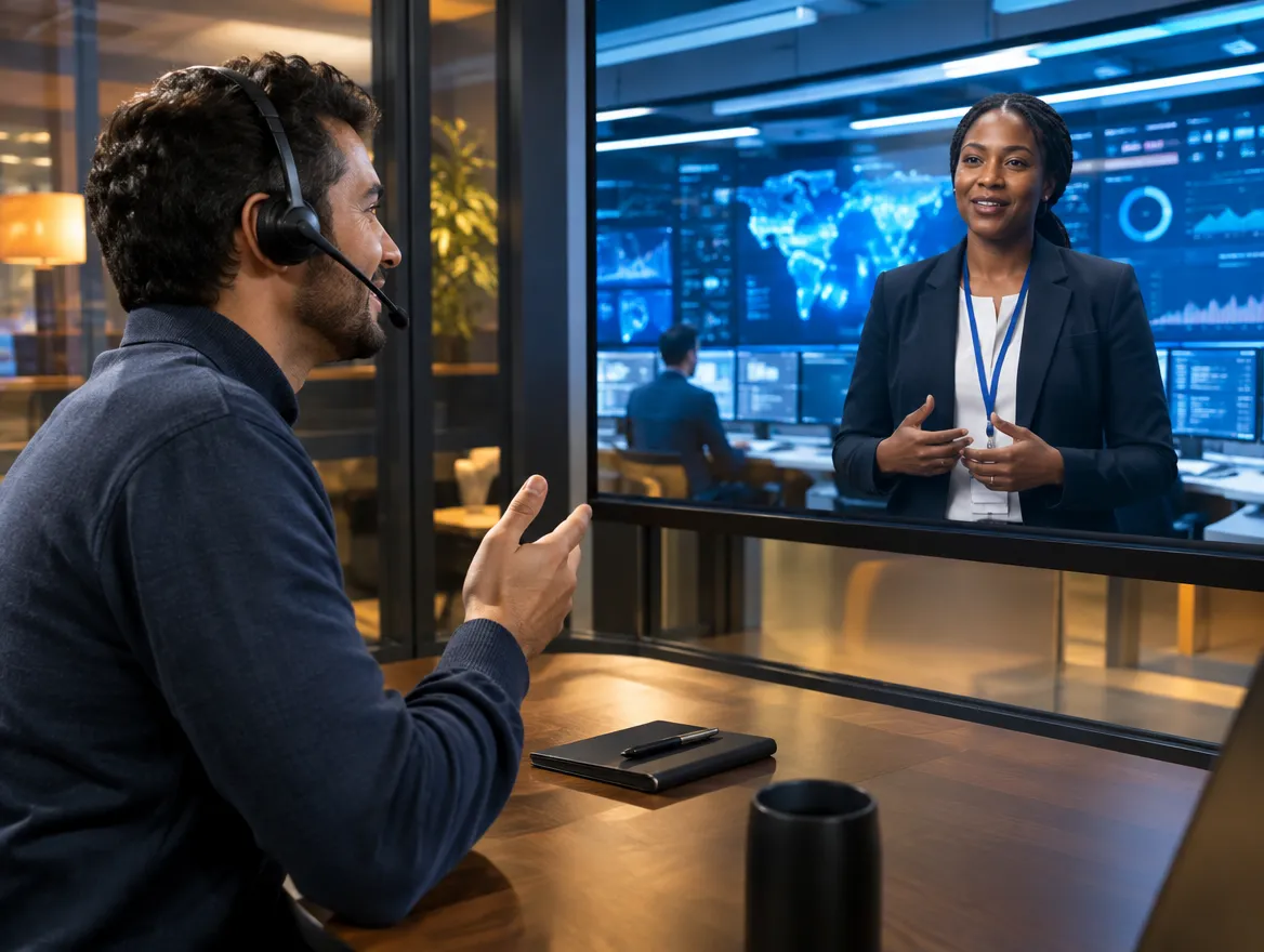Telecom support agent in a headset on a video call with a network operations lead