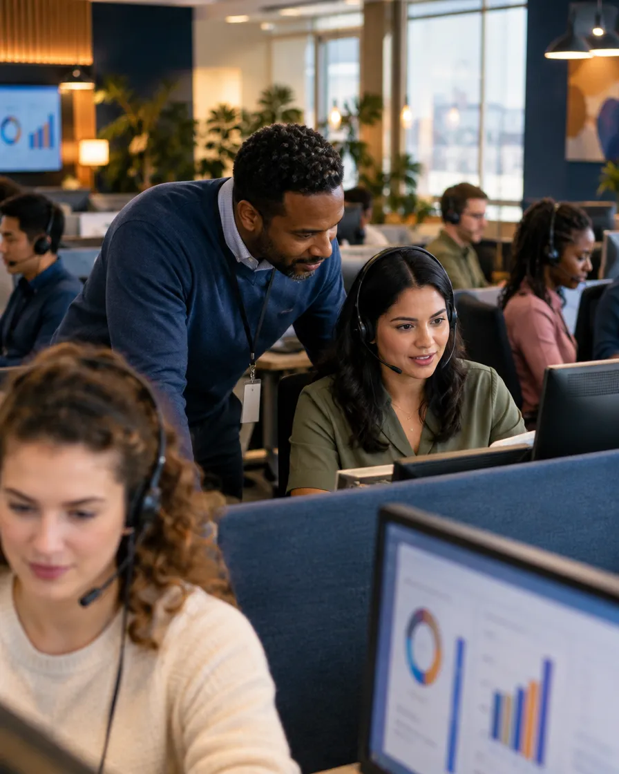 Telecom support agents in headsets working at their desks