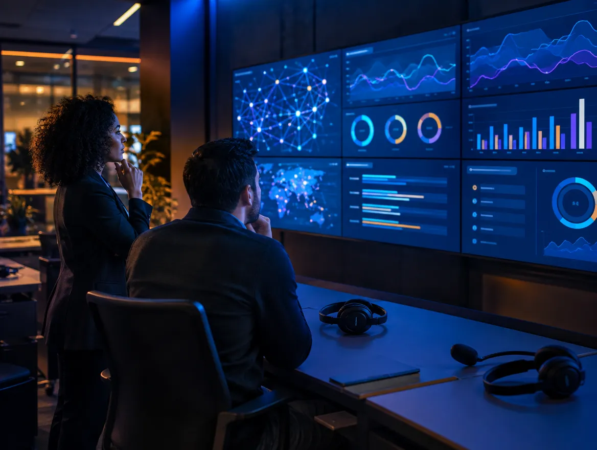Telehealth operations team monitoring dashboards on a screen wall