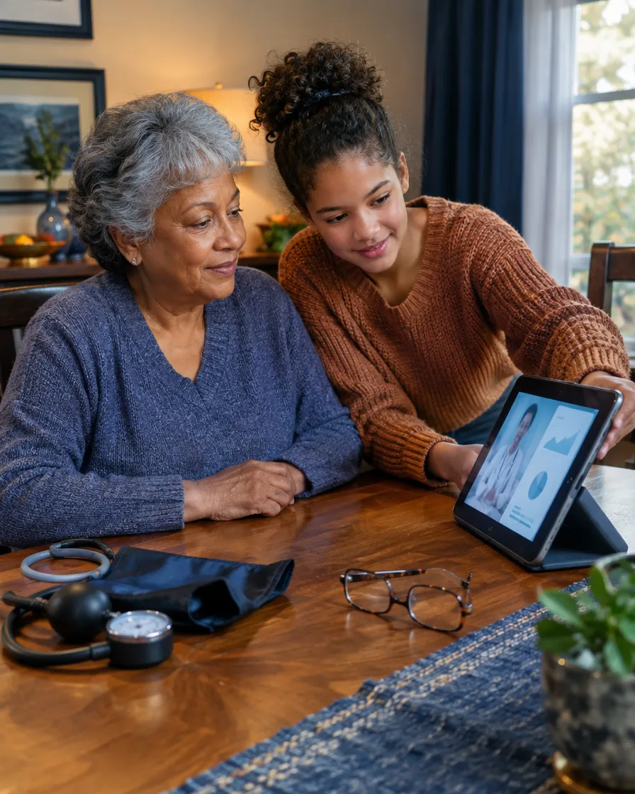 Daughter helping her senior mother join a telehealth visit on a tablet
