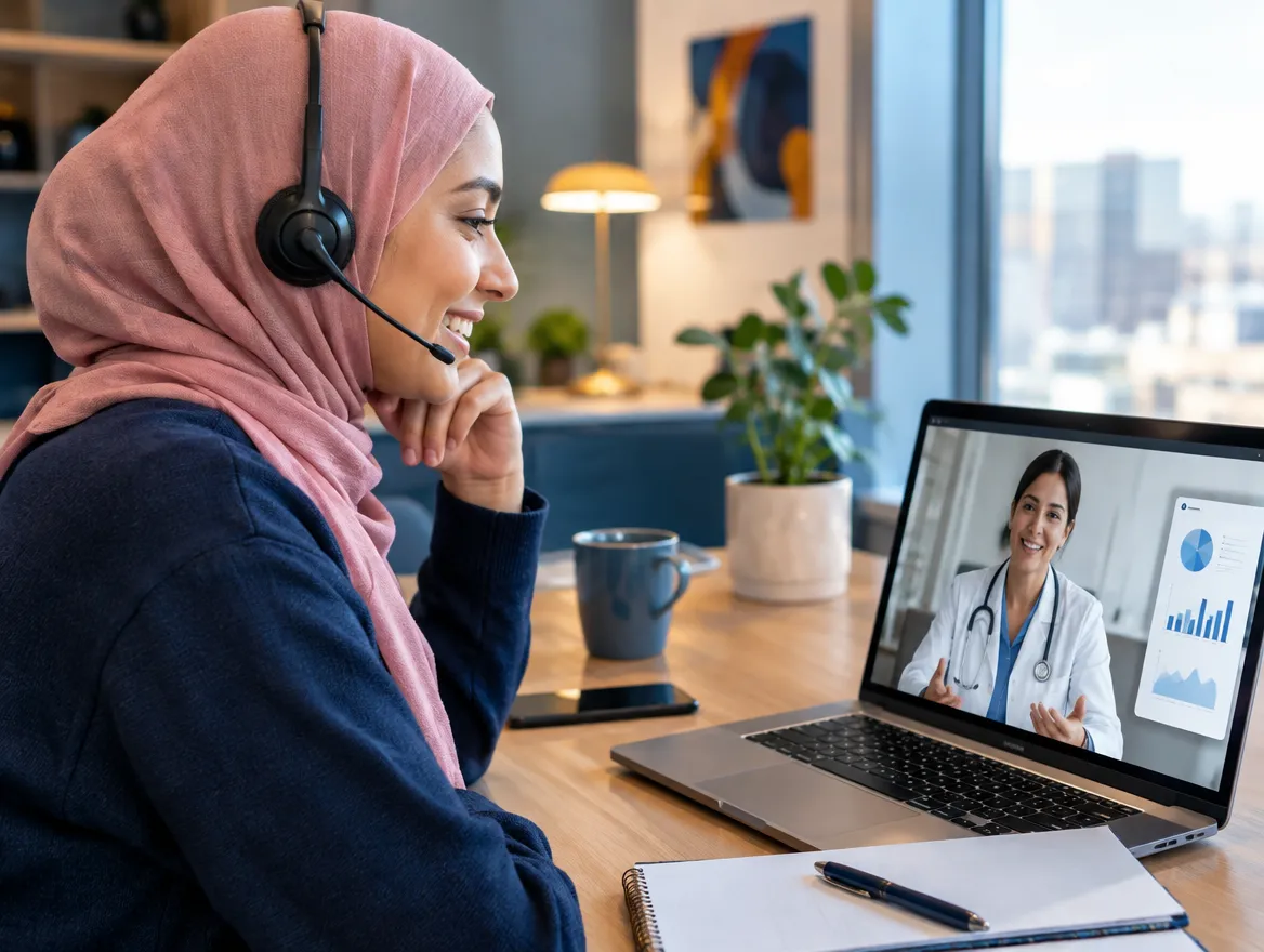 Telehealth support agent in a headset on a video call with a doctor