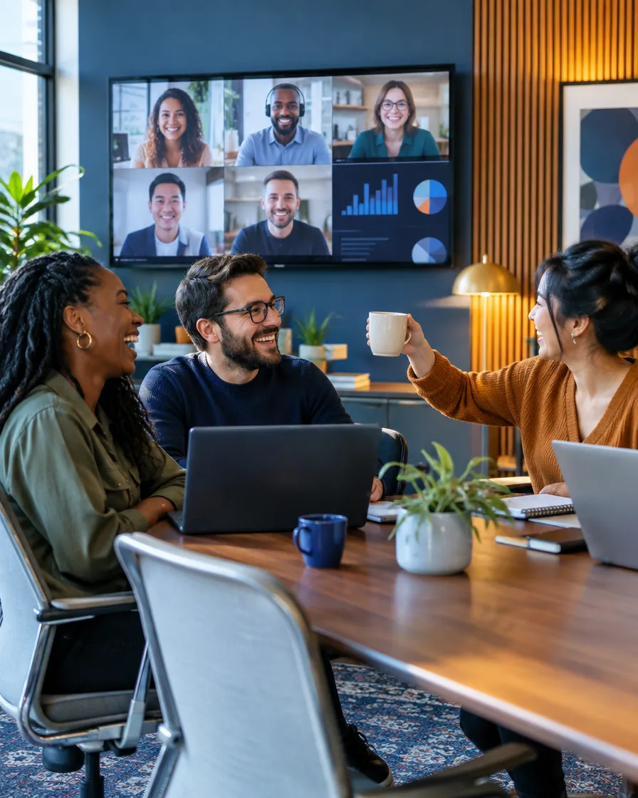 Telehealth team on a video conference in a meeting room