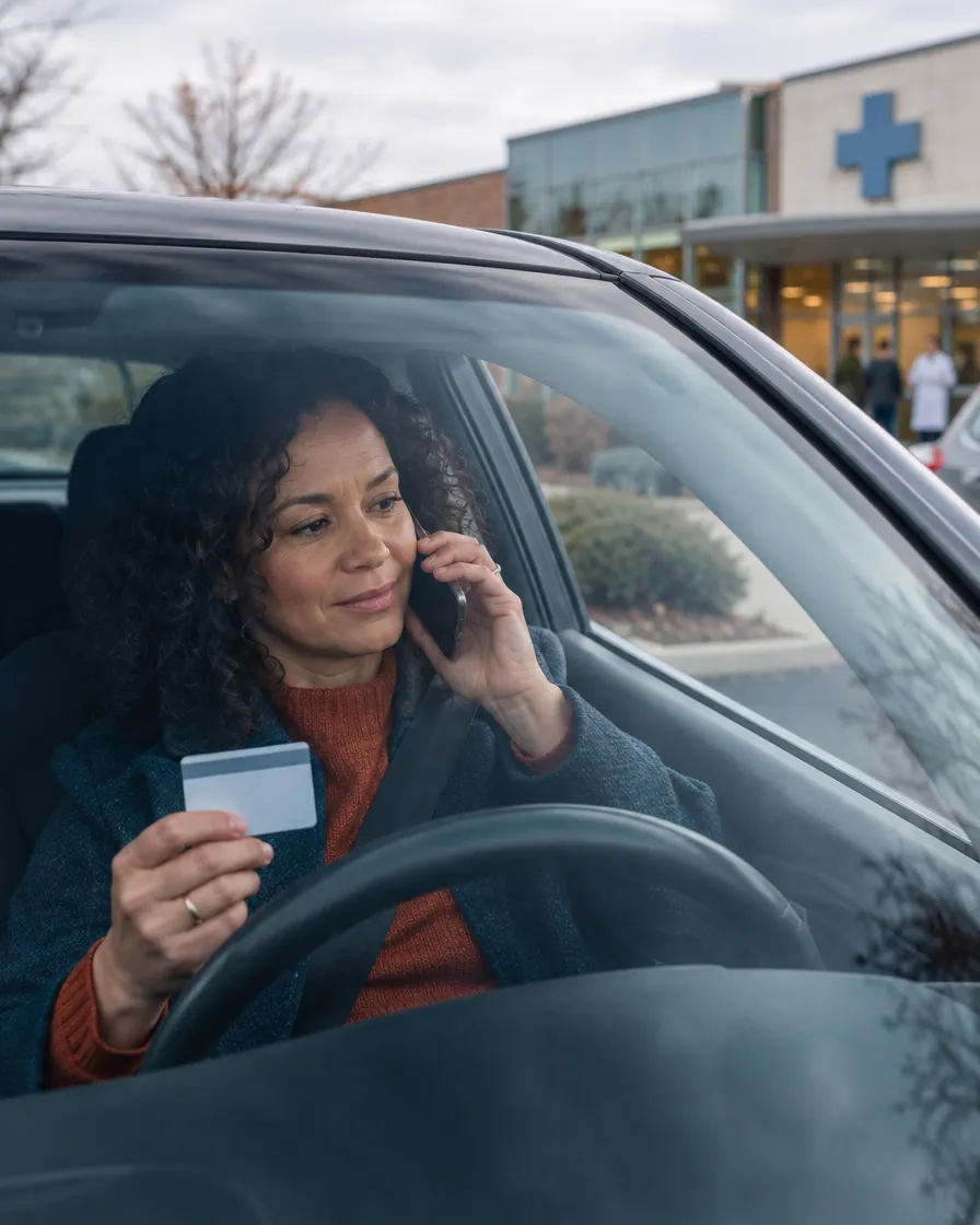 Woman on the phone holding her insurance card in her car outside a clinic