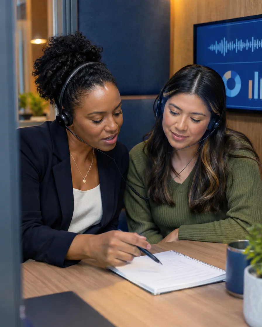 Two member support agents reviewing notes together