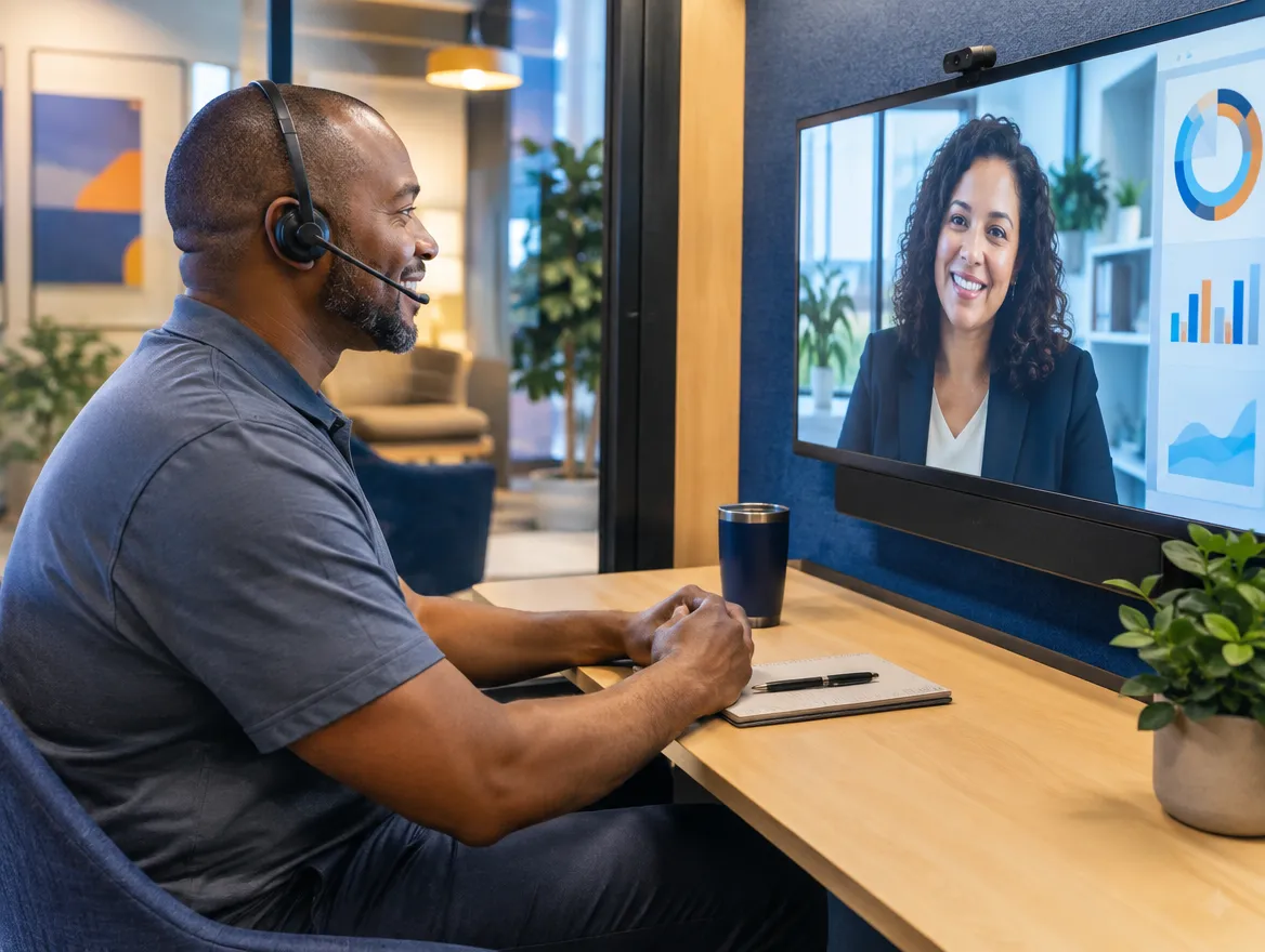 TPA member support agent in a headset on a video call