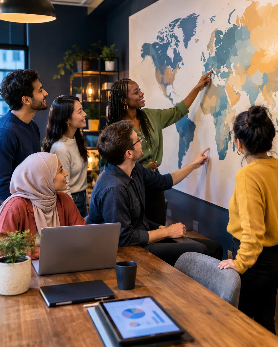 TPA team gathered around a world map on the wall