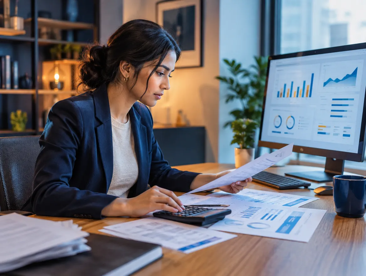 Billing specialist reviewing statements and charts at her desk