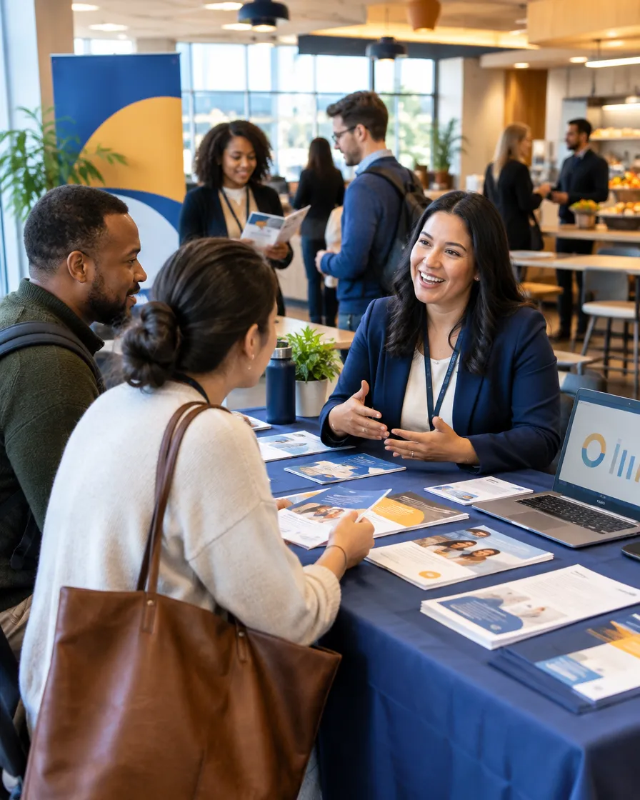 Enrollment specialists helping employees at a benefits fair