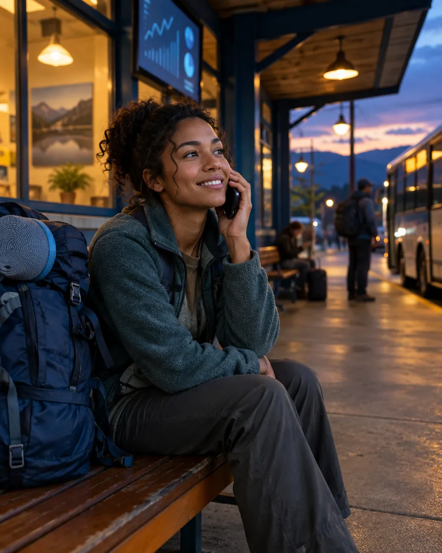 Traveler on the phone waiting at a station with her backpack