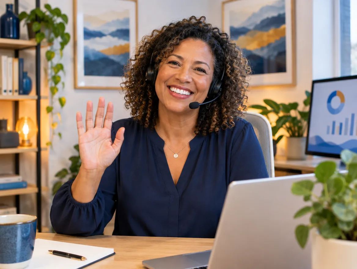 Smiling travel support agent in a headset waving on a video call