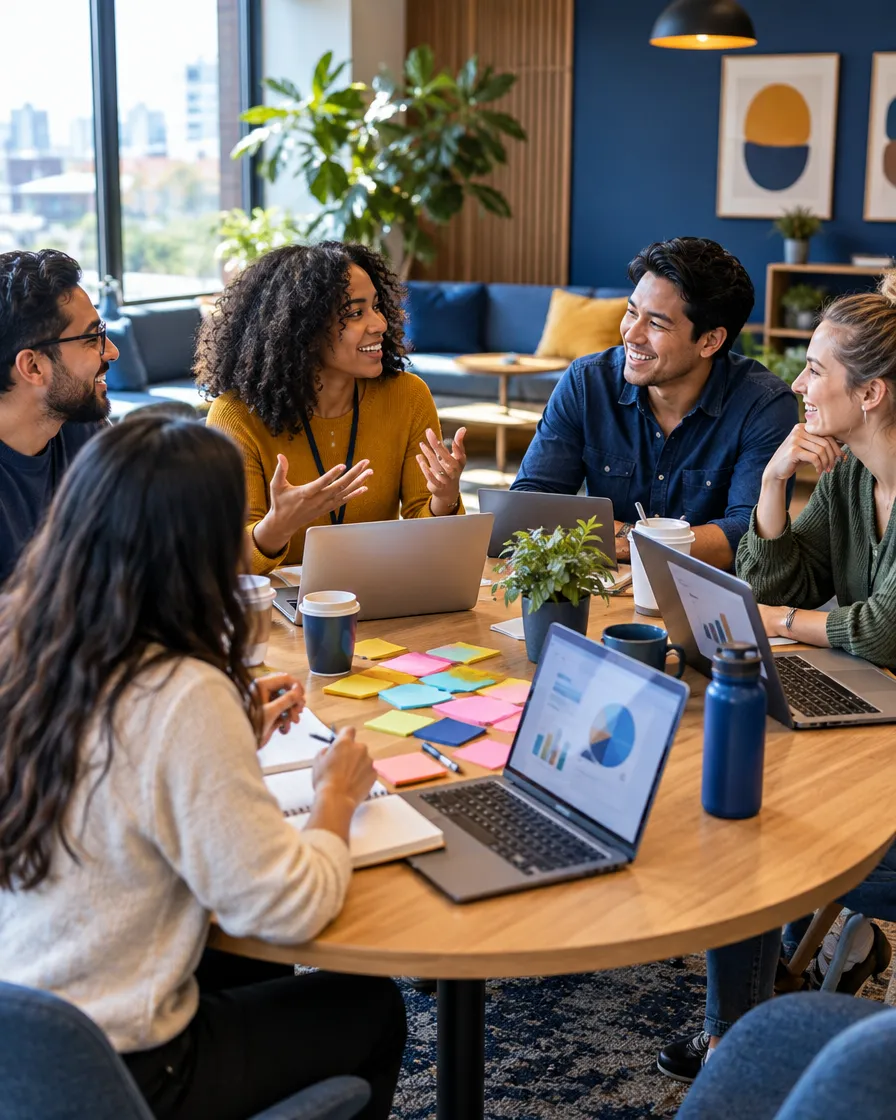 Travel support team planning around a table