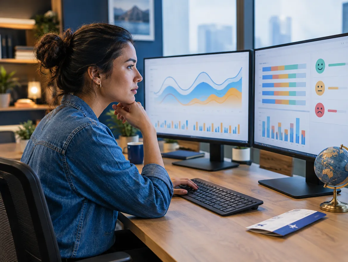 Analyst reviewing travel demand charts on two monitors
