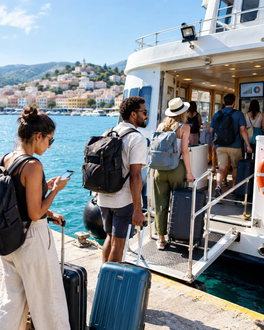 Travelers boarding a ferry at a coastal port