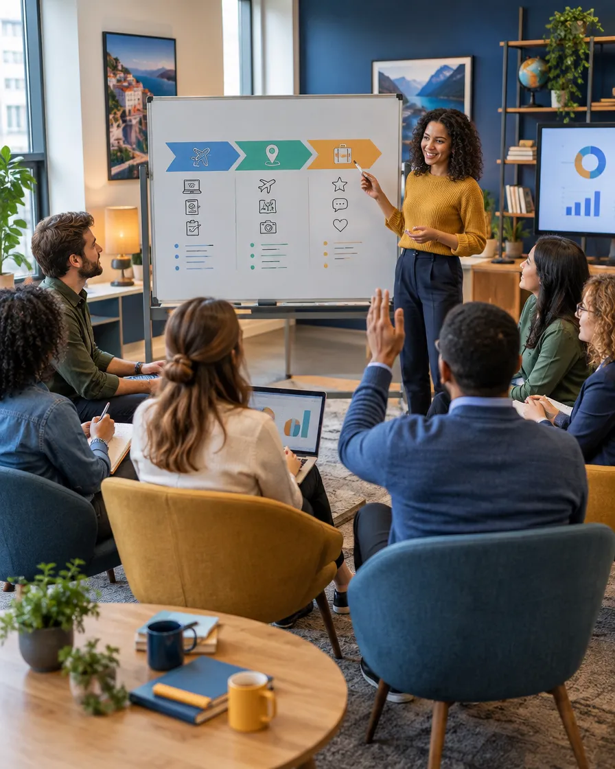 Travel team attending a whiteboard session