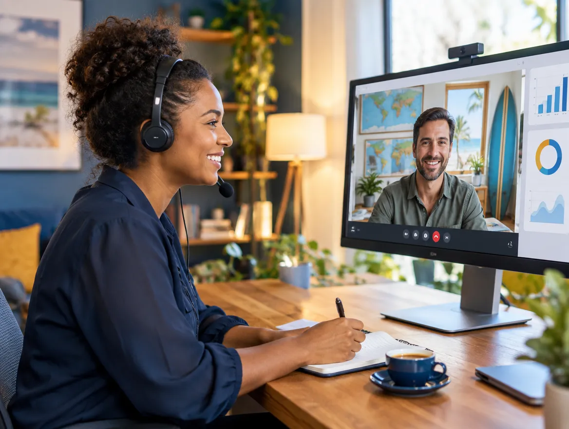 Travel support agent in a headset on a video call