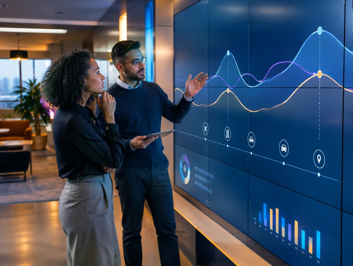 Two analysts reviewing traveler sentiment trends on a large screen