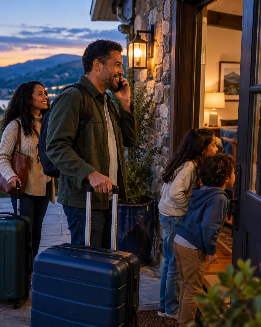 Family arriving with luggage at a hillside holiday rental