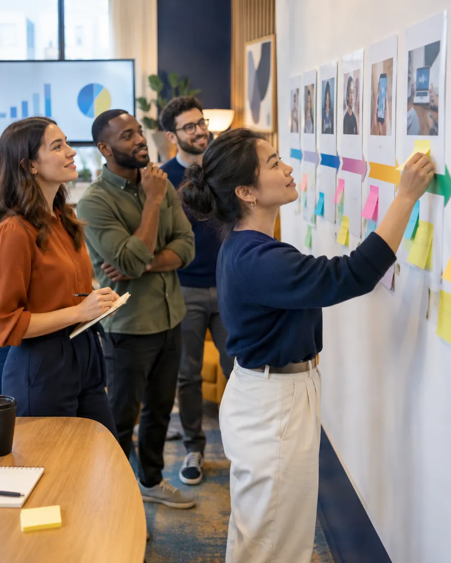 Traveler experience team planning at a sticky-note wall