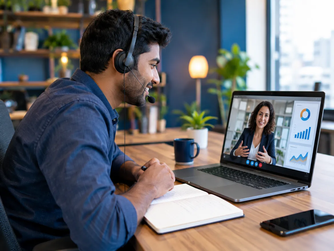 Traveler experience agent in a headset on a video call